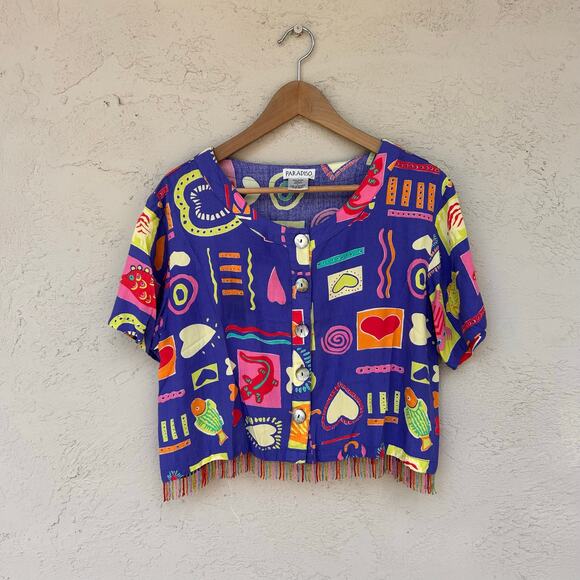Vintage Tops - Vintage Cute Print Beaded Fringe Hem Rayon Blouse Large